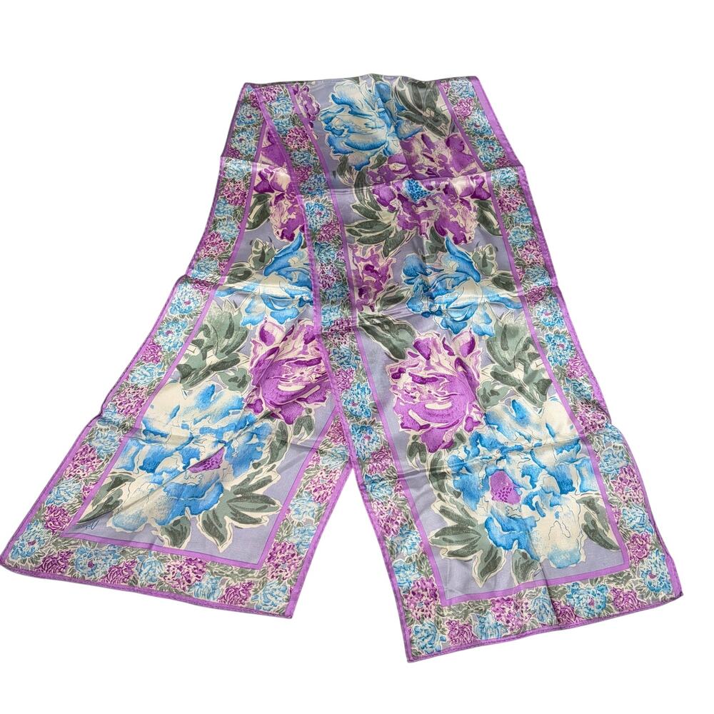 VTG Usna purple gray blue green floral scarf. 52 inch x 10 inch. 100% silk0